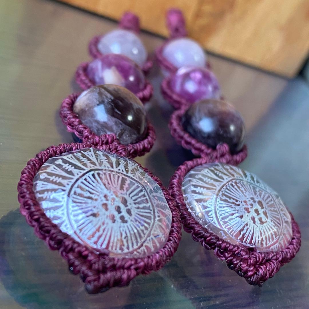 一点物❁⃘マクラメ編みイヤリング❂1504❂エスニックビーズ❤︎パープルマイカ