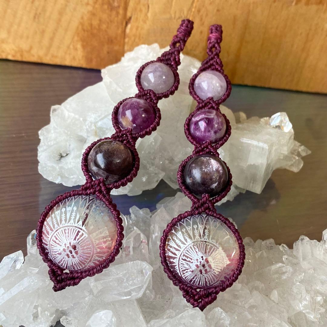 一点物❁⃘マクラメ編みイヤリング❂1504❂エスニックビーズ❤︎パープルマイカ