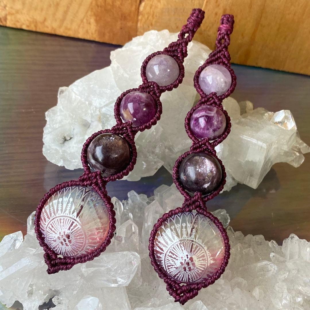 一点物❁⃘マクラメ編みイヤリング❂1504❂エスニックビーズ❤︎パープルマイカ