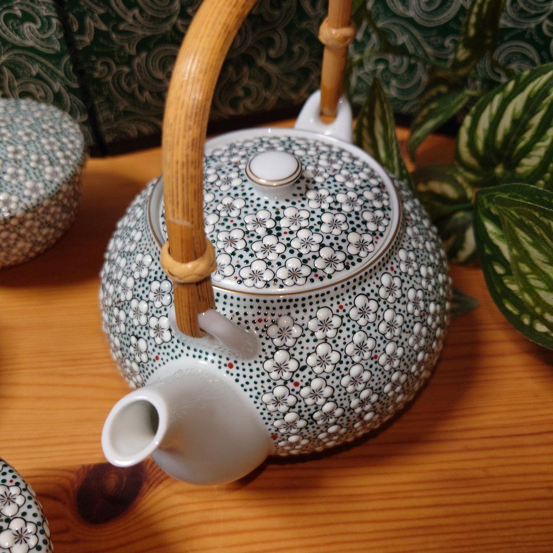 雅秀作 浦川雅秀 有田焼 玉彩 梅詰 茶器揃 急須 蓋付湯呑 4客 計 5点