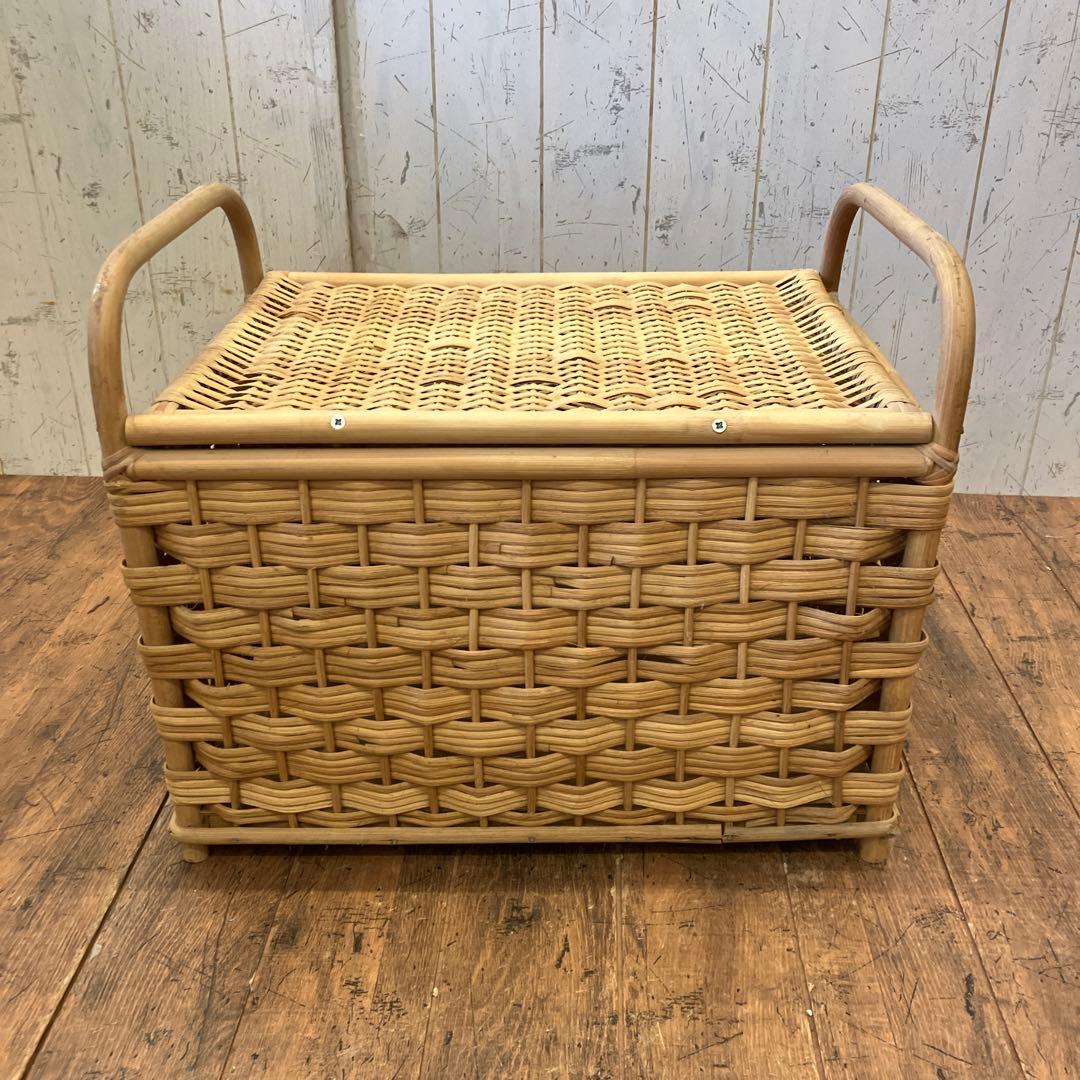 昭和レトロ ラタン 蓋付 バスケット ランドリーバスケット 籐籠 カゴ 小物入れ