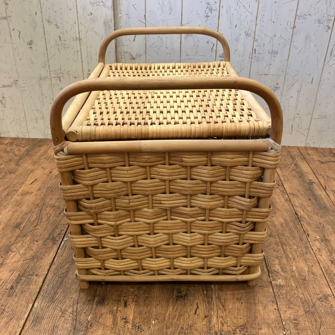 昭和レトロ ラタン 蓋付 バスケット ランドリーバスケット 籐籠 カゴ 小物入れ