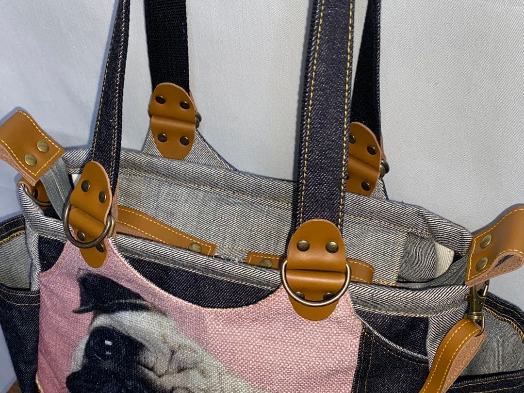 ハンドメイド☆岡山デニム&ワッペン☆パグ☆4wayあおりバッグ