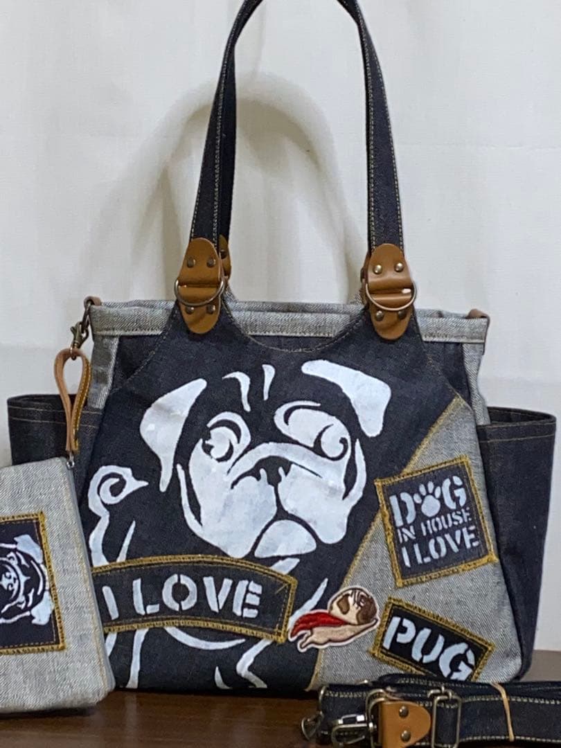 ハンドメイド☆岡山デニム&ワッペン☆パグ☆4wayあおりバッグ