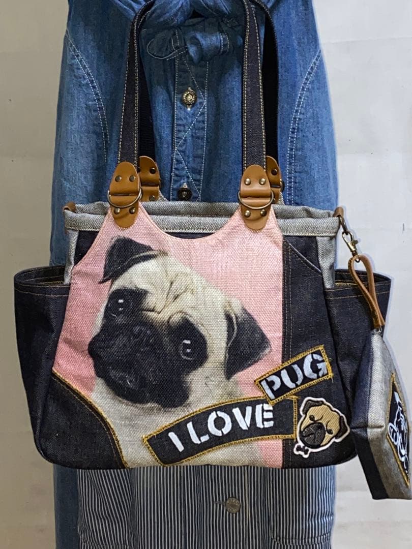 ハンドメイド☆岡山デニム&ワッペン☆パグ☆4wayあおりバッグ