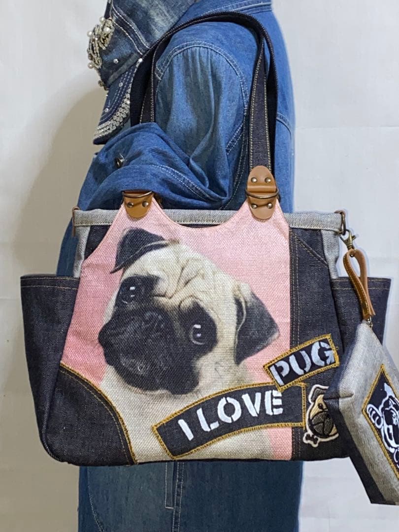 ハンドメイド☆岡山デニム&ワッペン☆パグ☆4wayあおりバッグ