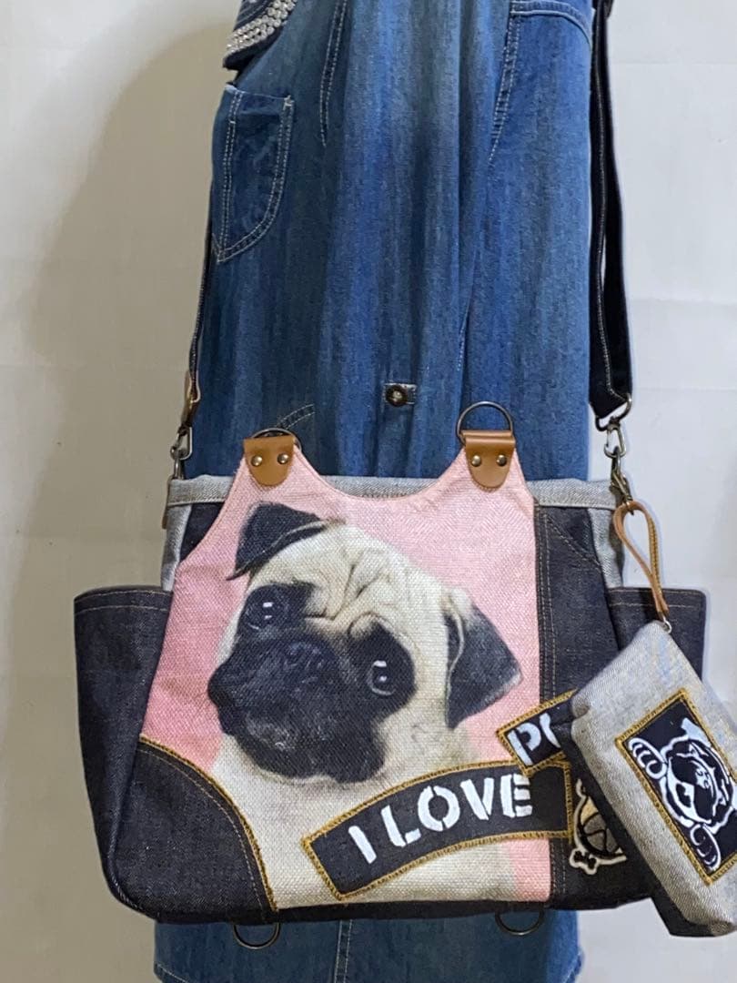 ハンドメイド☆岡山デニム&ワッペン☆パグ☆4wayあおりバッグ