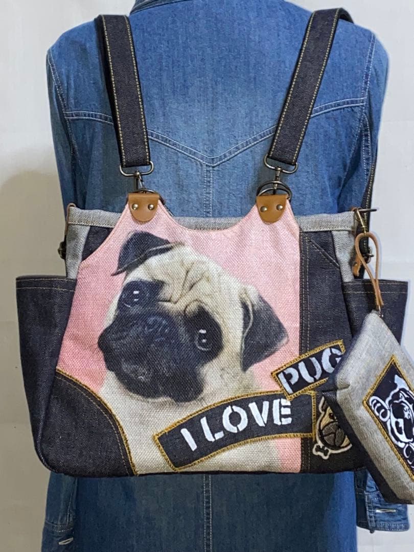 ハンドメイド☆岡山デニム&ワッペン☆パグ☆4wayあおりバッグ