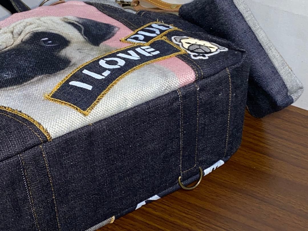 ハンドメイド☆岡山デニム&ワッペン☆パグ☆4wayあおりバッグ