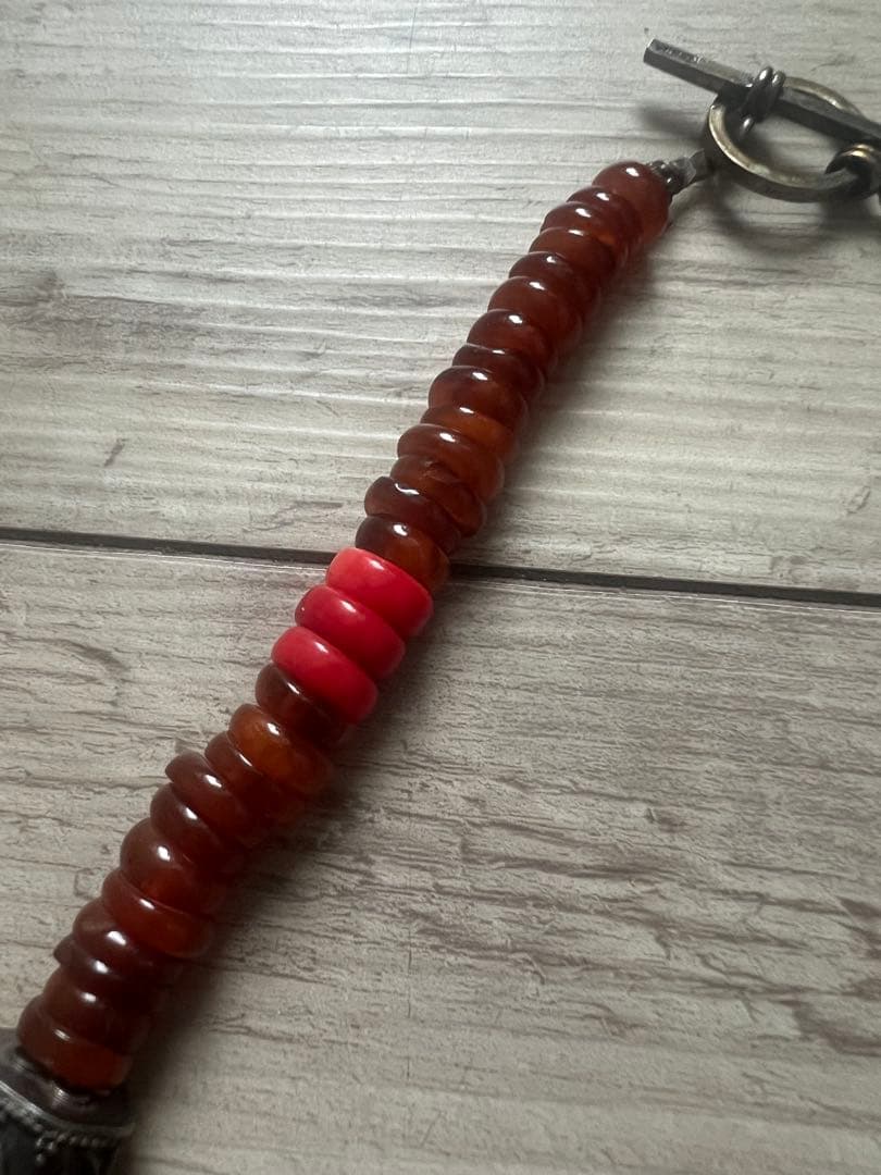 アンティークOLDビーズネックレス アンバー琥珀 レッドビーズターコイズシルバー