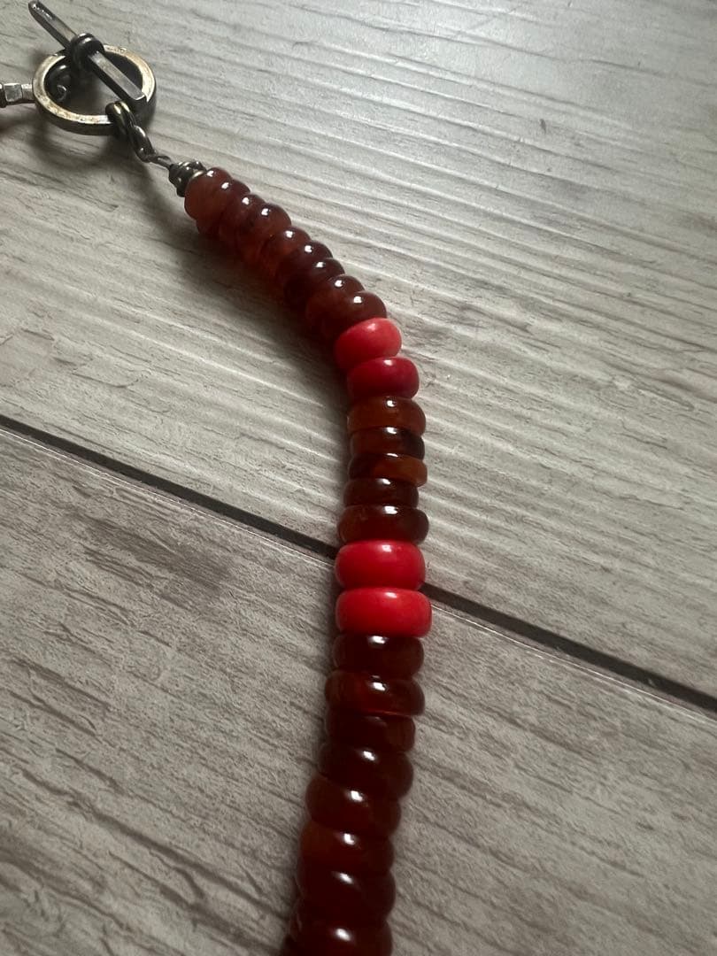 アンティークOLDビーズネックレス アンバー琥珀 レッドビーズターコイズシルバー