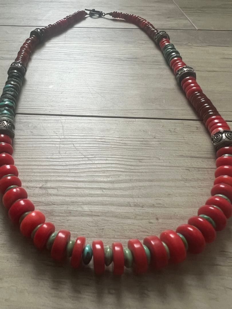 アンティークOLDビーズネックレス アンバー琥珀 レッドビーズターコイズシルバー