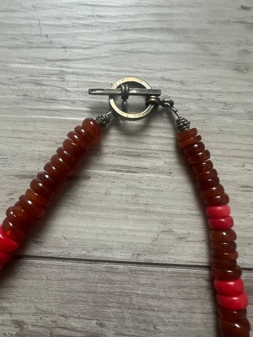 アンティークOLDビーズネックレス アンバー琥珀 レッドビーズターコイズシルバー