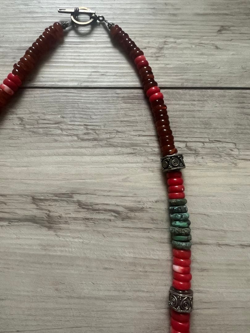 アンティークOLDビーズネックレス アンバー琥珀 レッドビーズターコイズシルバー