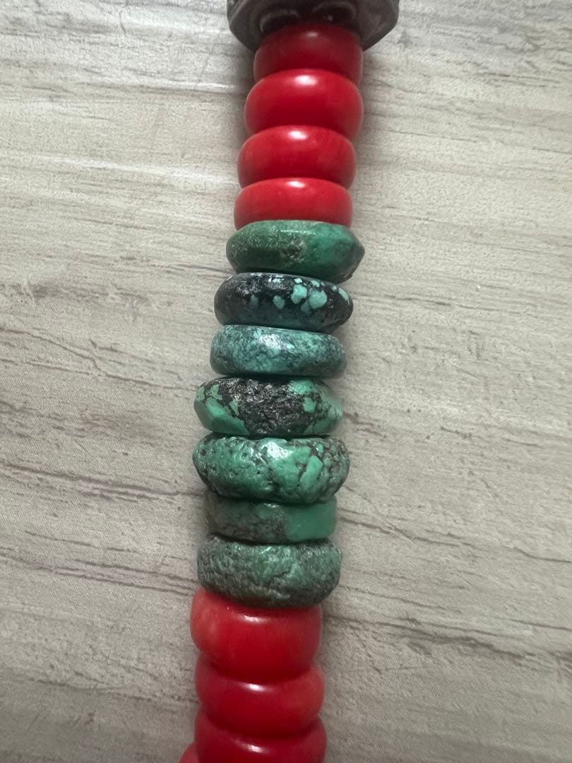 アンティークOLDビーズネックレス アンバー琥珀 レッドビーズターコイズシルバー