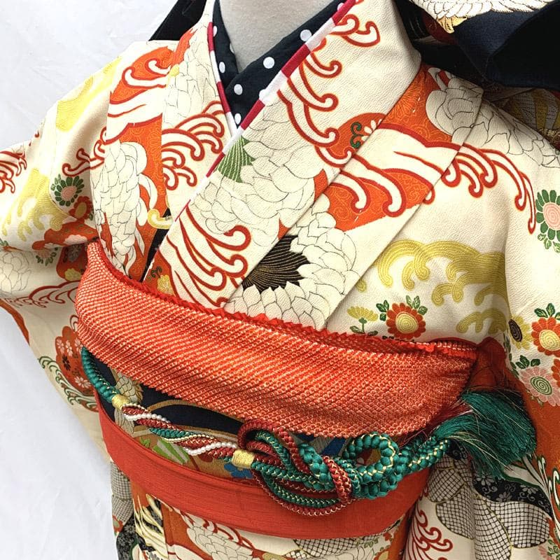 508aj3、帯■ハーフ成人式 卒業式 十三参り アンティーク着物 菊■良好