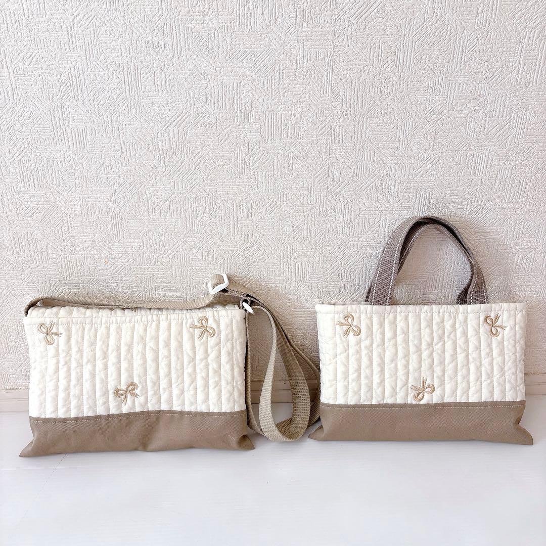 お急ぎ　レッスンバッグ 図書バッグヌビ　リボン刺繍