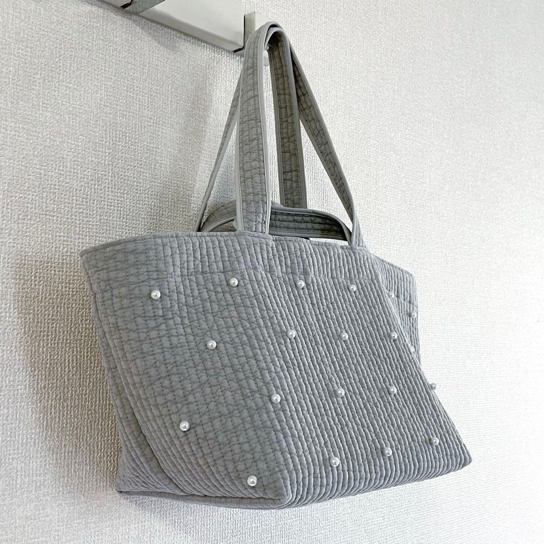 ヌビバッグ⭐︎ガーデン　パール　ライトグレー　ダブルハンドル底板♡マグネット