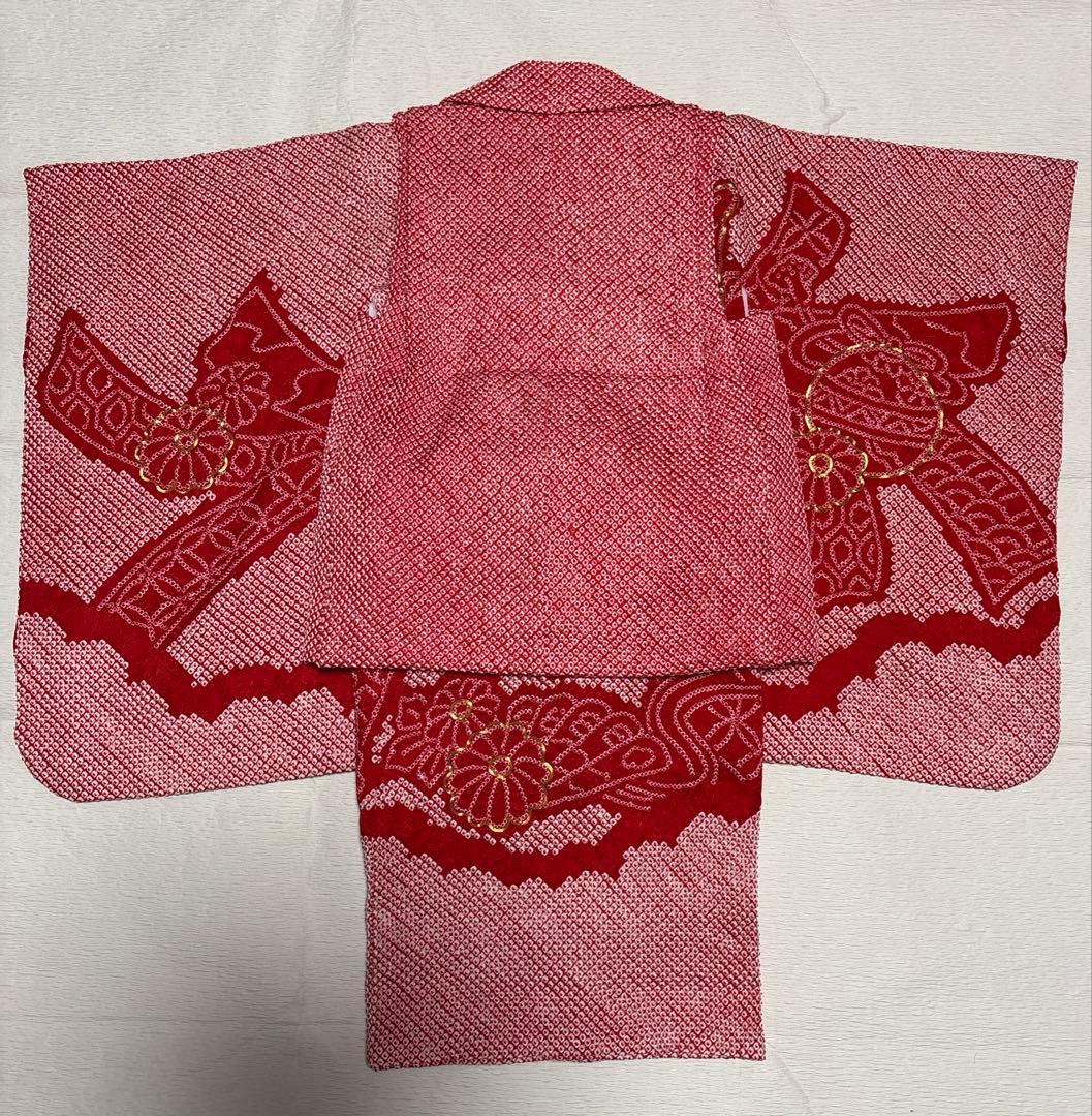 着物セット　３歳　総絞り　七五三　着物　被布　赤色　金駒刺繍　美品