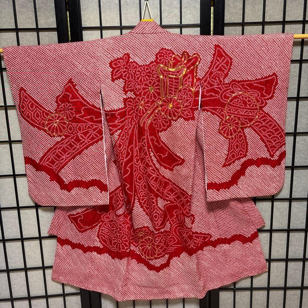 着物セット　３歳　総絞り　七五三　着物　被布　赤色　金駒刺繍　美品