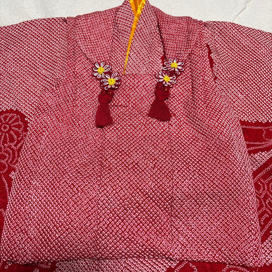 着物セット　３歳　総絞り　七五三　着物　被布　赤色　金駒刺繍　美品