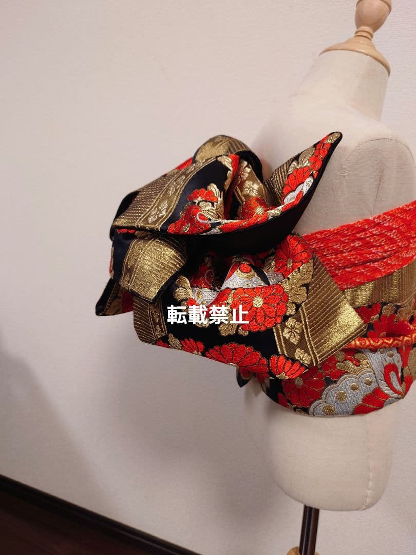 七五三　ジュニア帯　作り帯　蝶柄　黒金赤　一点物