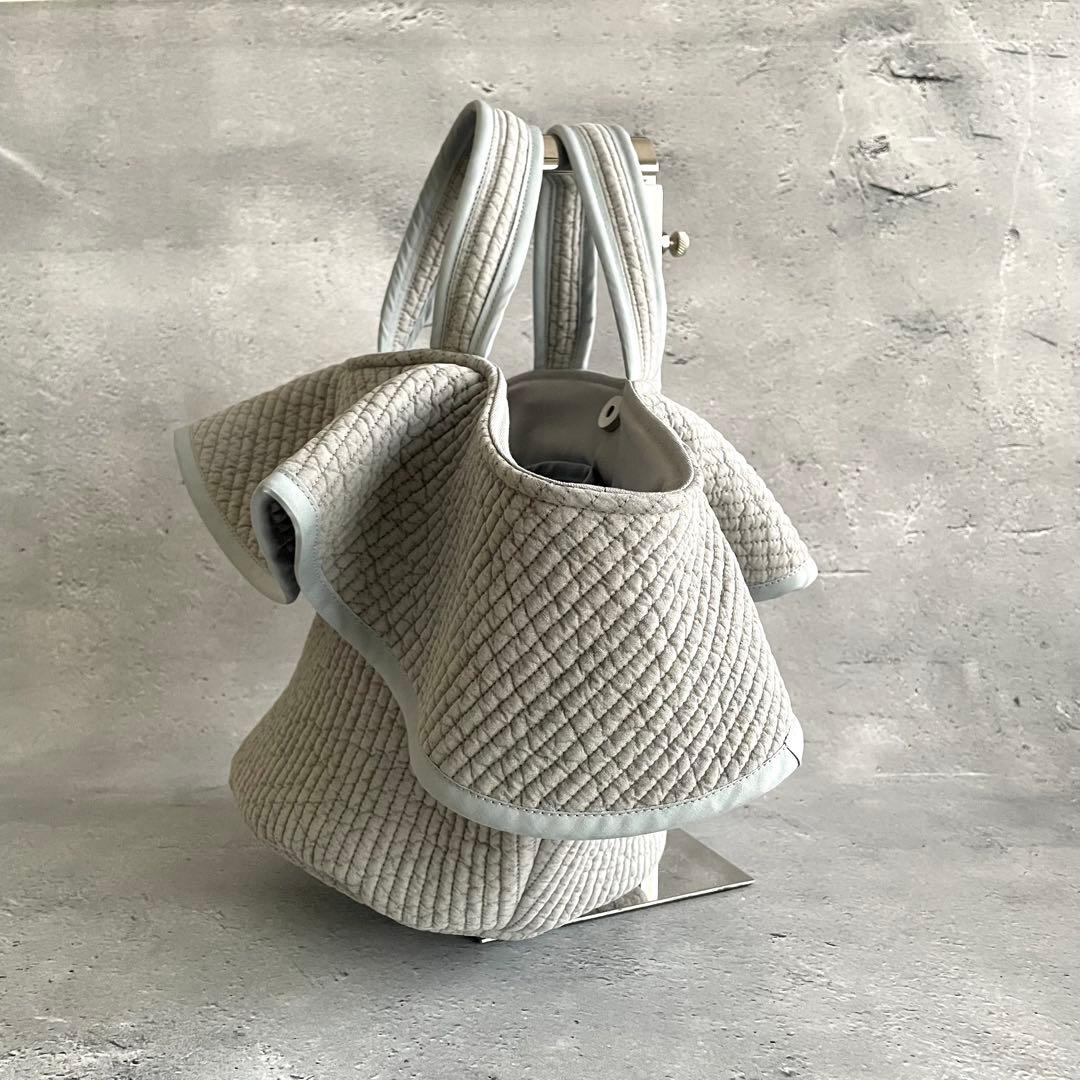 フリル付き丸底マルシェバッグ　ヌビバッグ　裏地付き　グレー　ハンドメイド