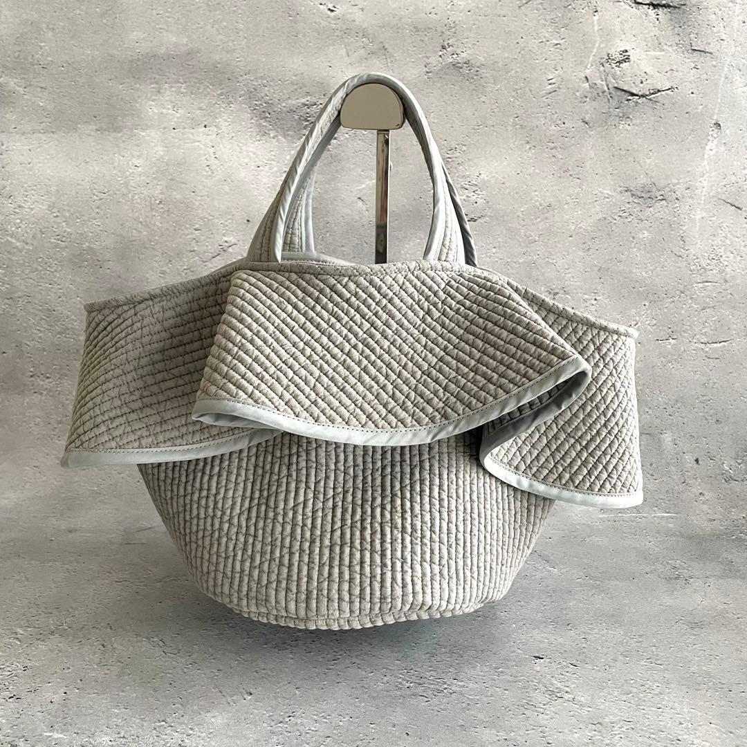 フリル付き丸底マルシェバッグ　ヌビバッグ　裏地付き　グレー　ハンドメイド