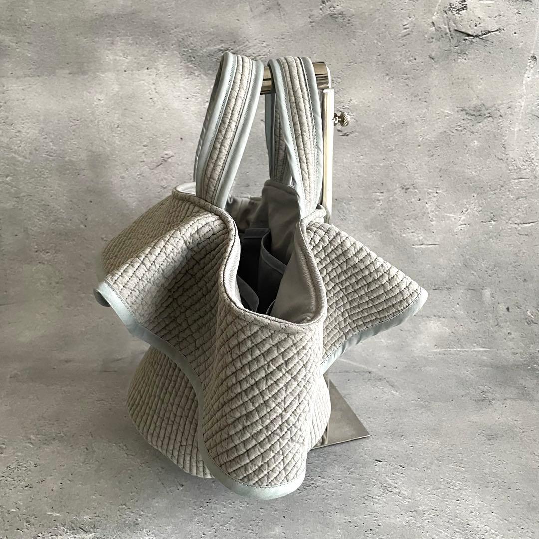 フリル付き丸底マルシェバッグ　ヌビバッグ　裏地付き　グレー　ハンドメイド