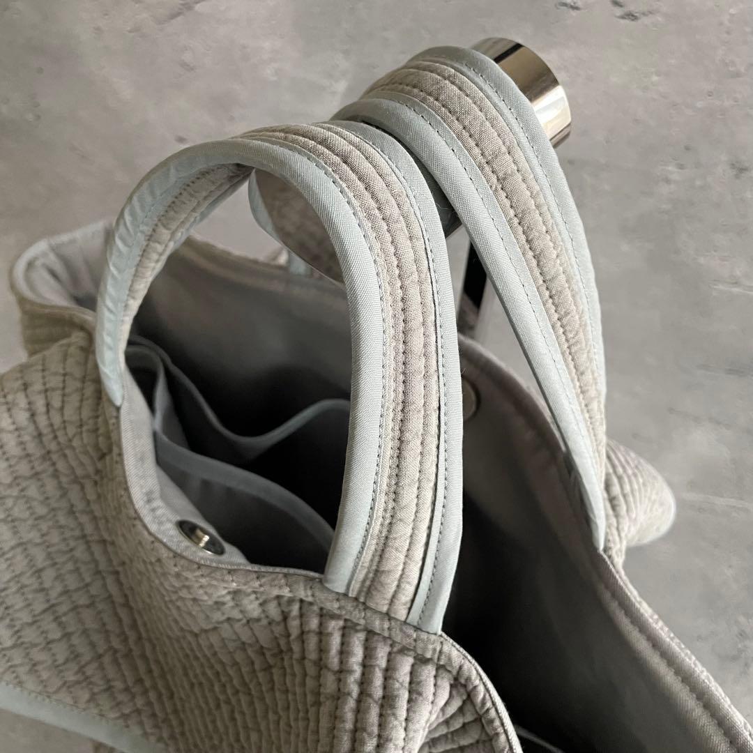 フリル付き丸底マルシェバッグ　ヌビバッグ　裏地付き　グレー　ハンドメイド