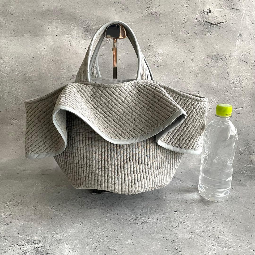 フリル付き丸底マルシェバッグ　ヌビバッグ　裏地付き　グレー　ハンドメイド