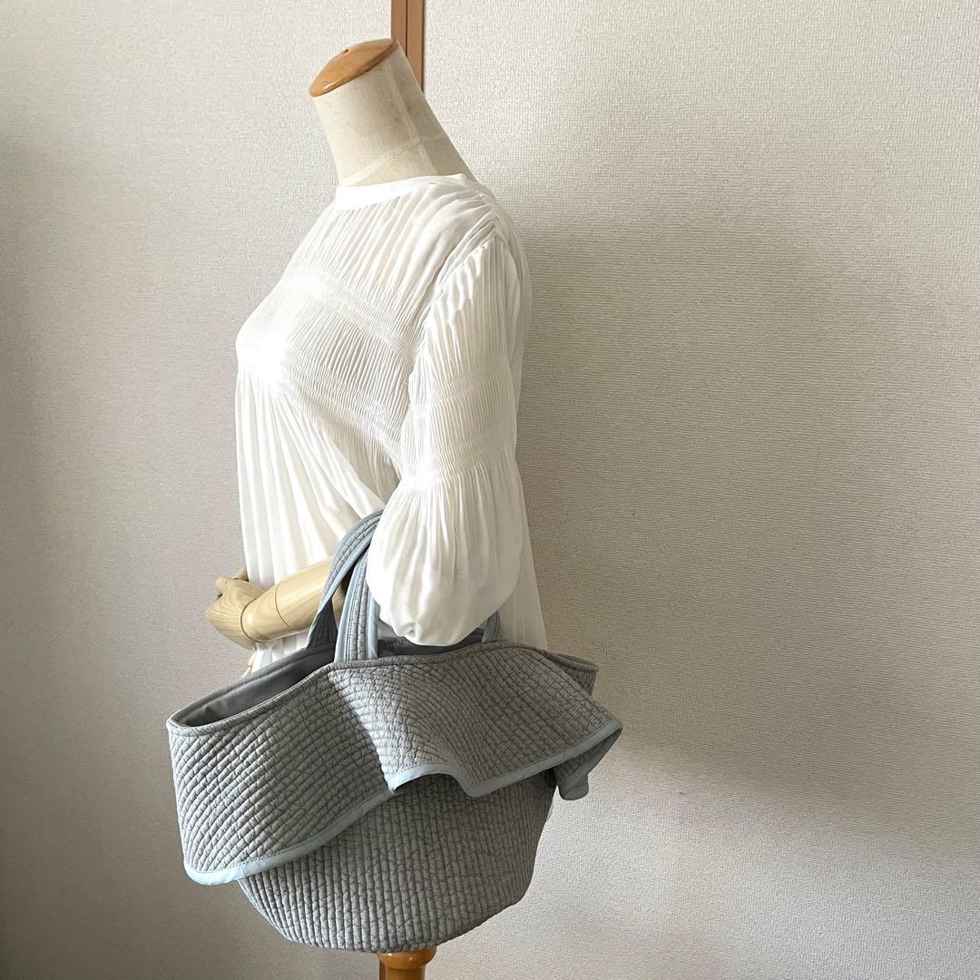 フリル付き丸底マルシェバッグ　ヌビバッグ　裏地付き　グレー　ハンドメイド