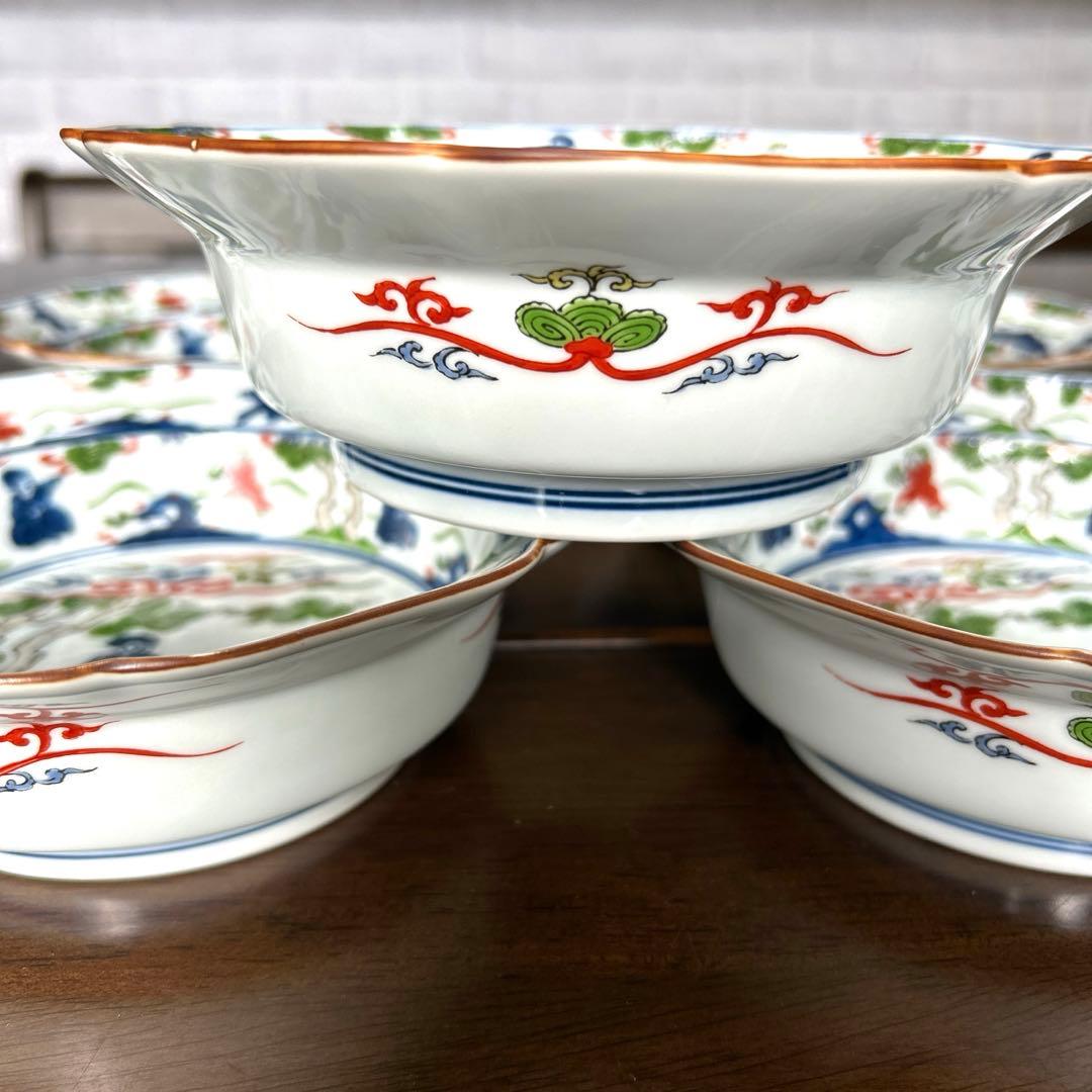 [希少] 未使用　有田焼　幸楽窯　八角　深皿　中鉢　色彩唐人図　5客セット　美品