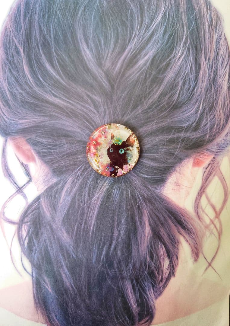 レジン　猫　ヘアゴム　ブローチ　ポニーフック　No.479