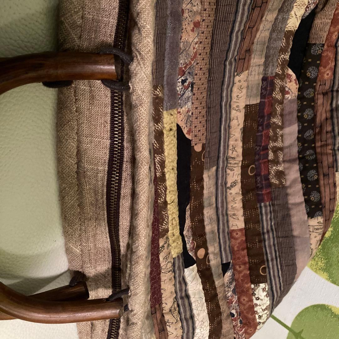 【パッチワーク手作り】ブラウン系パッチワークトートバッグ　木製ハンドルチャック付