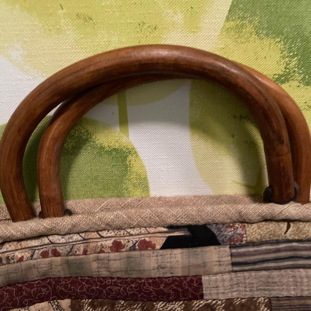 【パッチワーク手作り】ブラウン系パッチワークトートバッグ　木製ハンドルチャック付