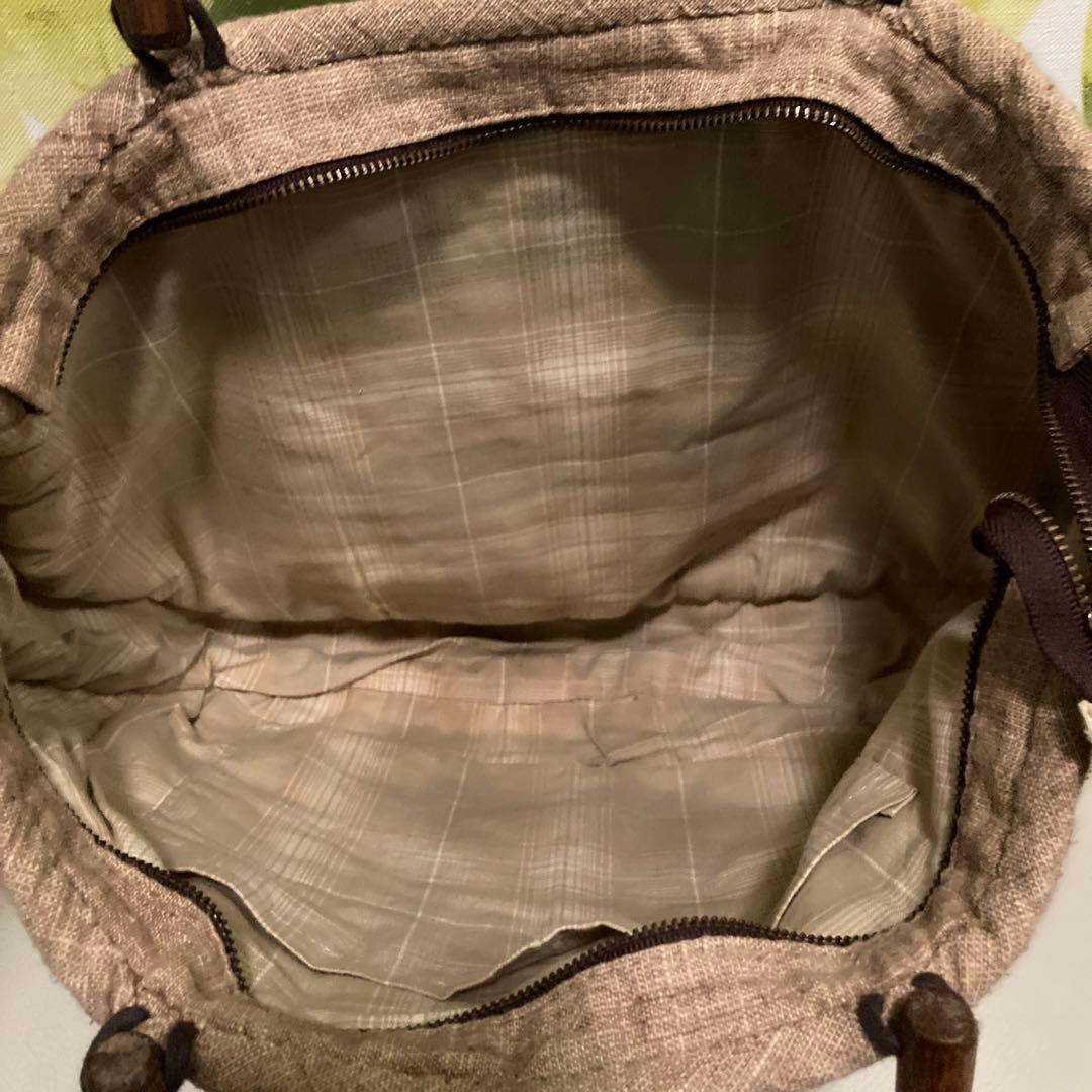 【パッチワーク手作り】ブラウン系パッチワークトートバッグ　木製ハンドルチャック付