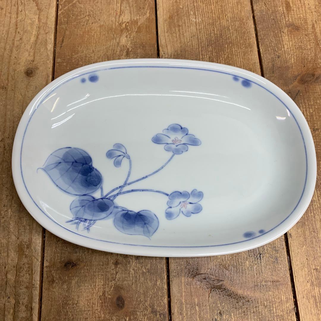 D-5 【未使用】有田焼 染付 花鳥 楕円皿 5枚セット 共箱付き 小皿 取り皿