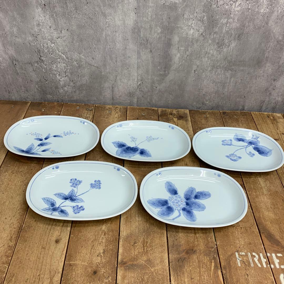 D-5 【未使用】有田焼 染付 花鳥 楕円皿 5枚セット 共箱付き 小皿 取り皿