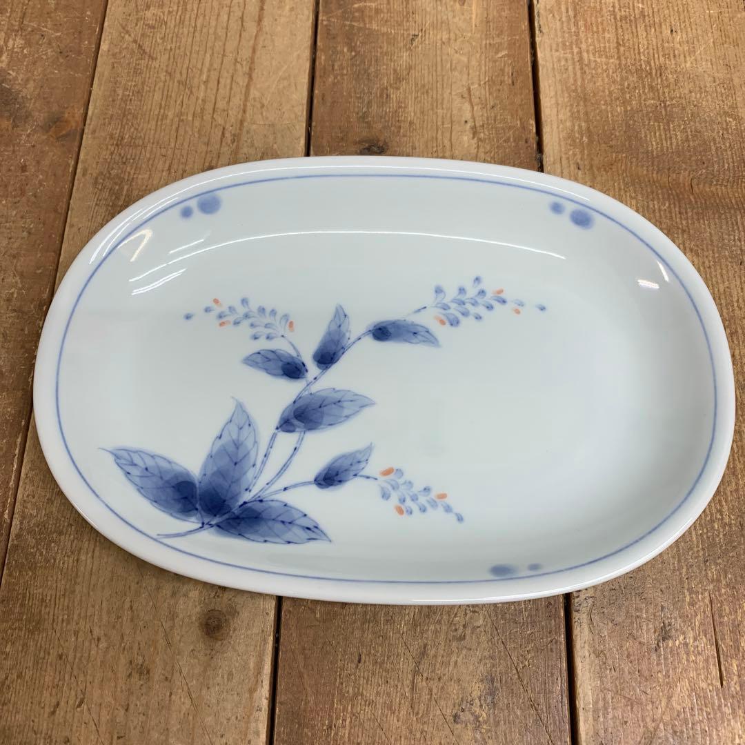 D-5 【未使用】有田焼 染付 花鳥 楕円皿 5枚セット 共箱付き 小皿 取り皿