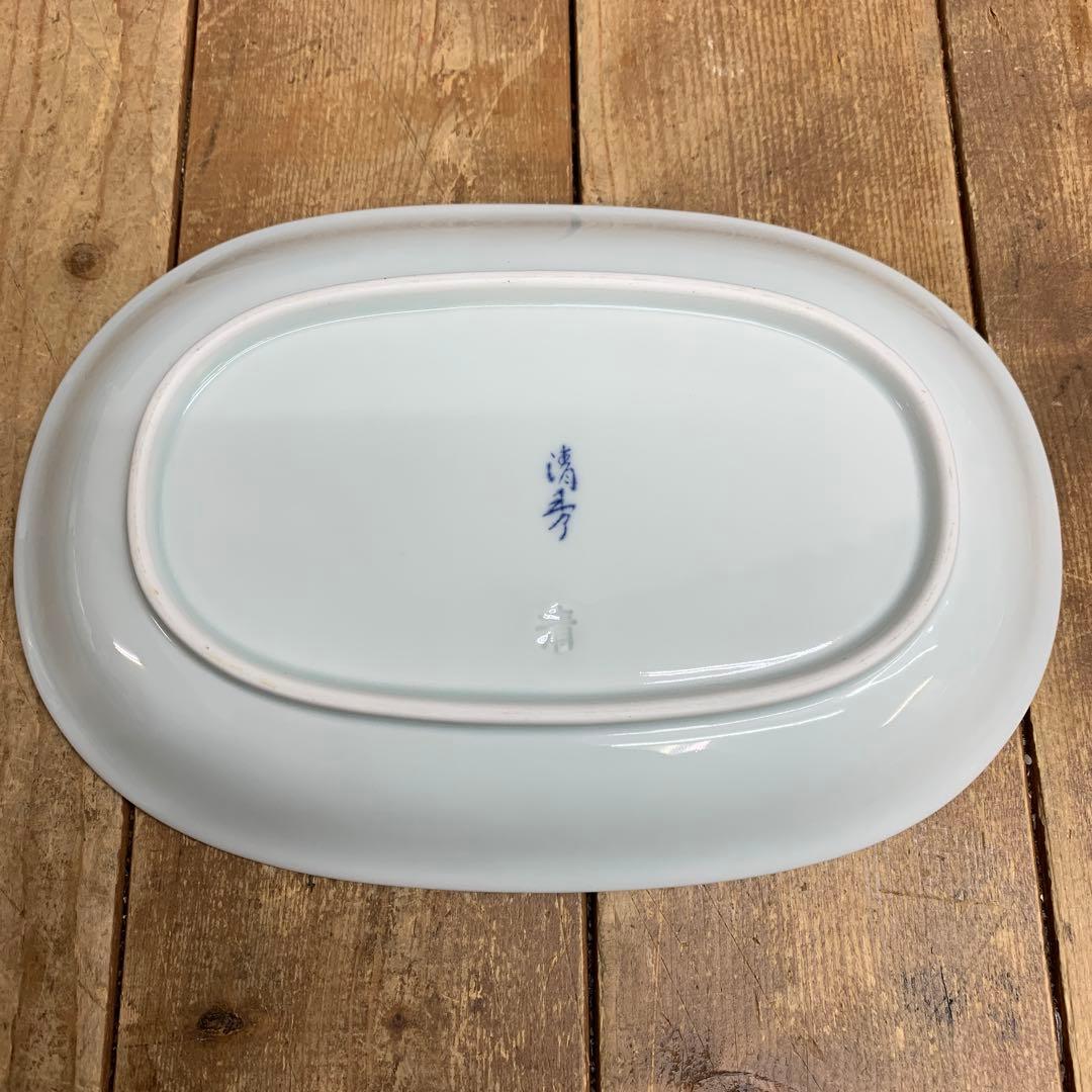 D-5 【未使用】有田焼 染付 花鳥 楕円皿 5枚セット 共箱付き 小皿 取り皿