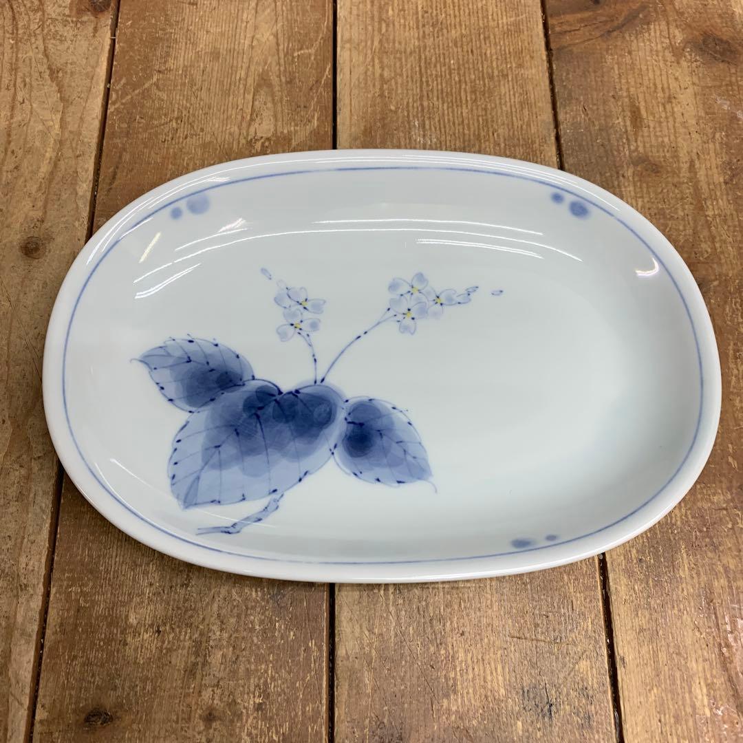 D-5 【未使用】有田焼 染付 花鳥 楕円皿 5枚セット 共箱付き 小皿 取り皿