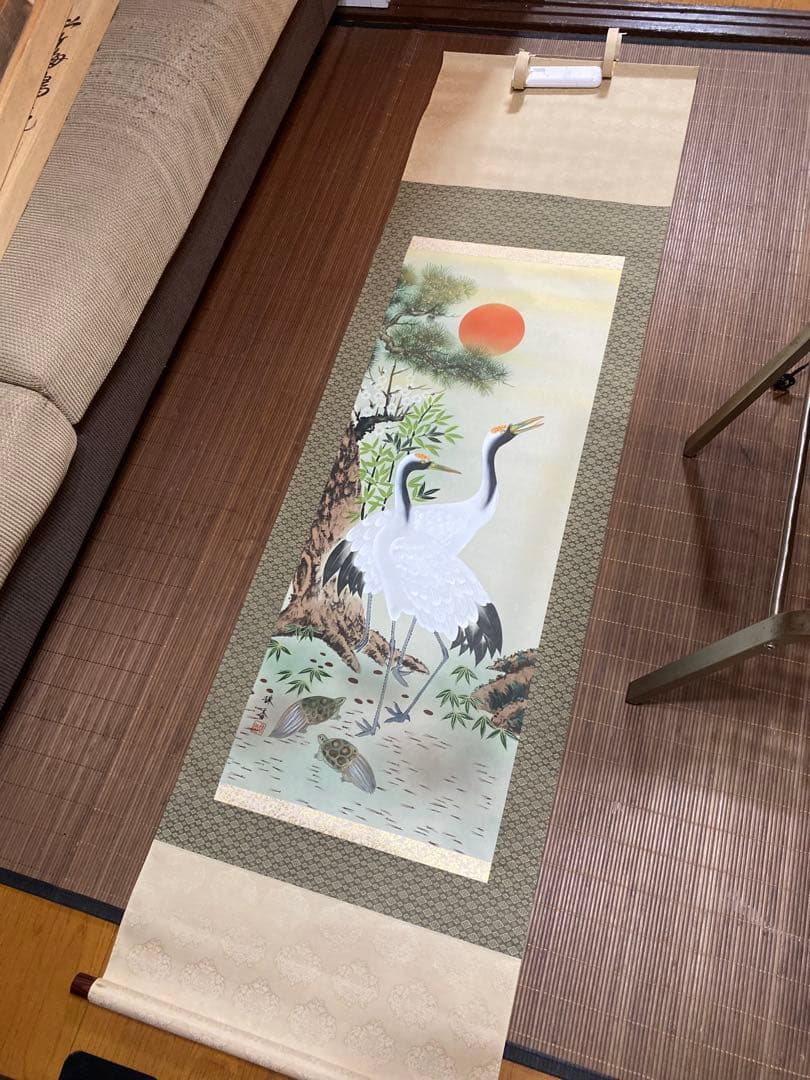【共箱付】松竹梅鶴亀 掛軸 珠香作 縁起物 正月 お祝い 茶掛け