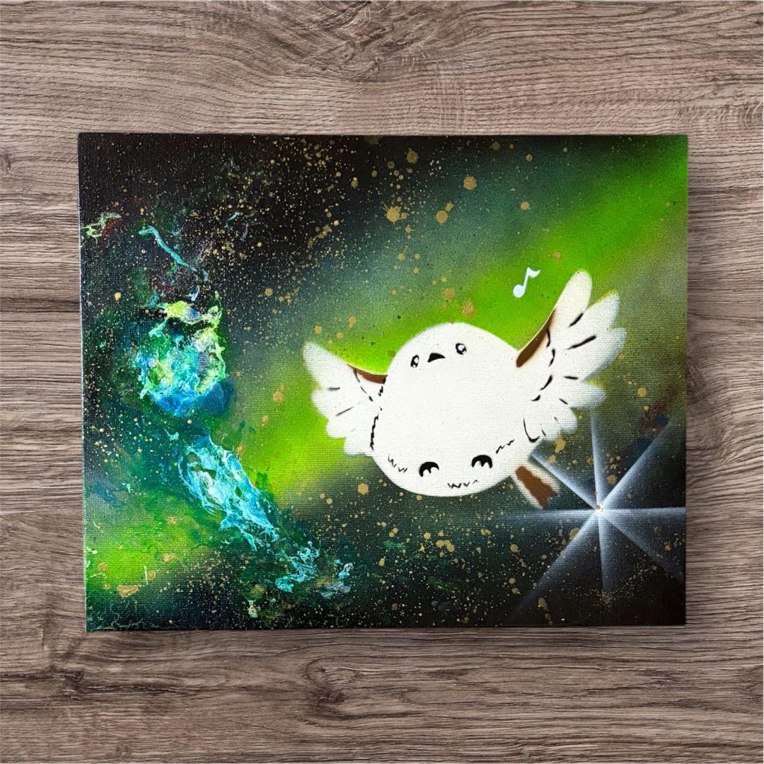 【486】スプレーアート　シマエナガ　宇宙　オーロラ　エメラルドグリーン　ブルー