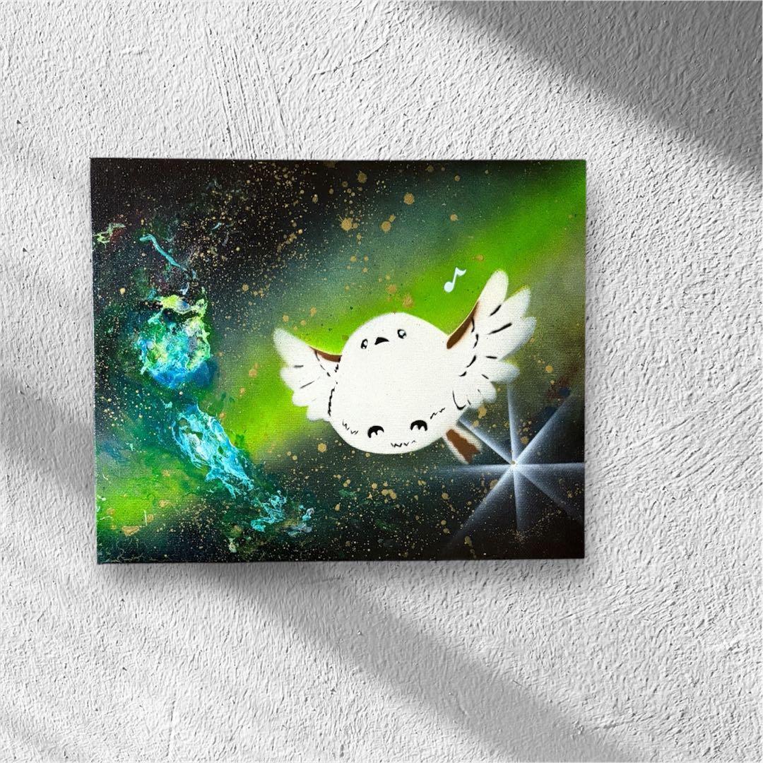 【486】スプレーアート　シマエナガ　宇宙　オーロラ　エメラルドグリーン　ブルー