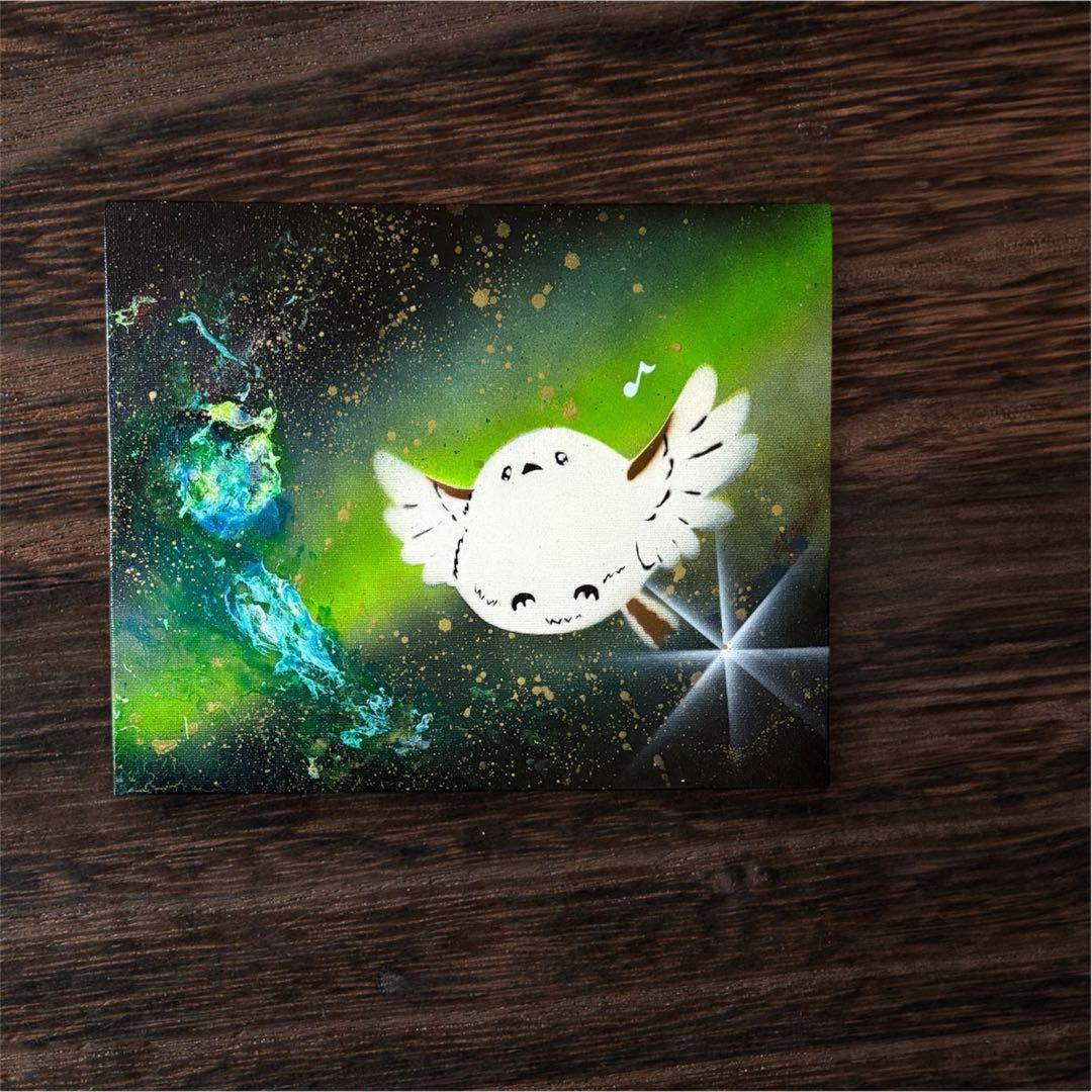 【486】スプレーアート　シマエナガ　宇宙　オーロラ　エメラルドグリーン　ブルー