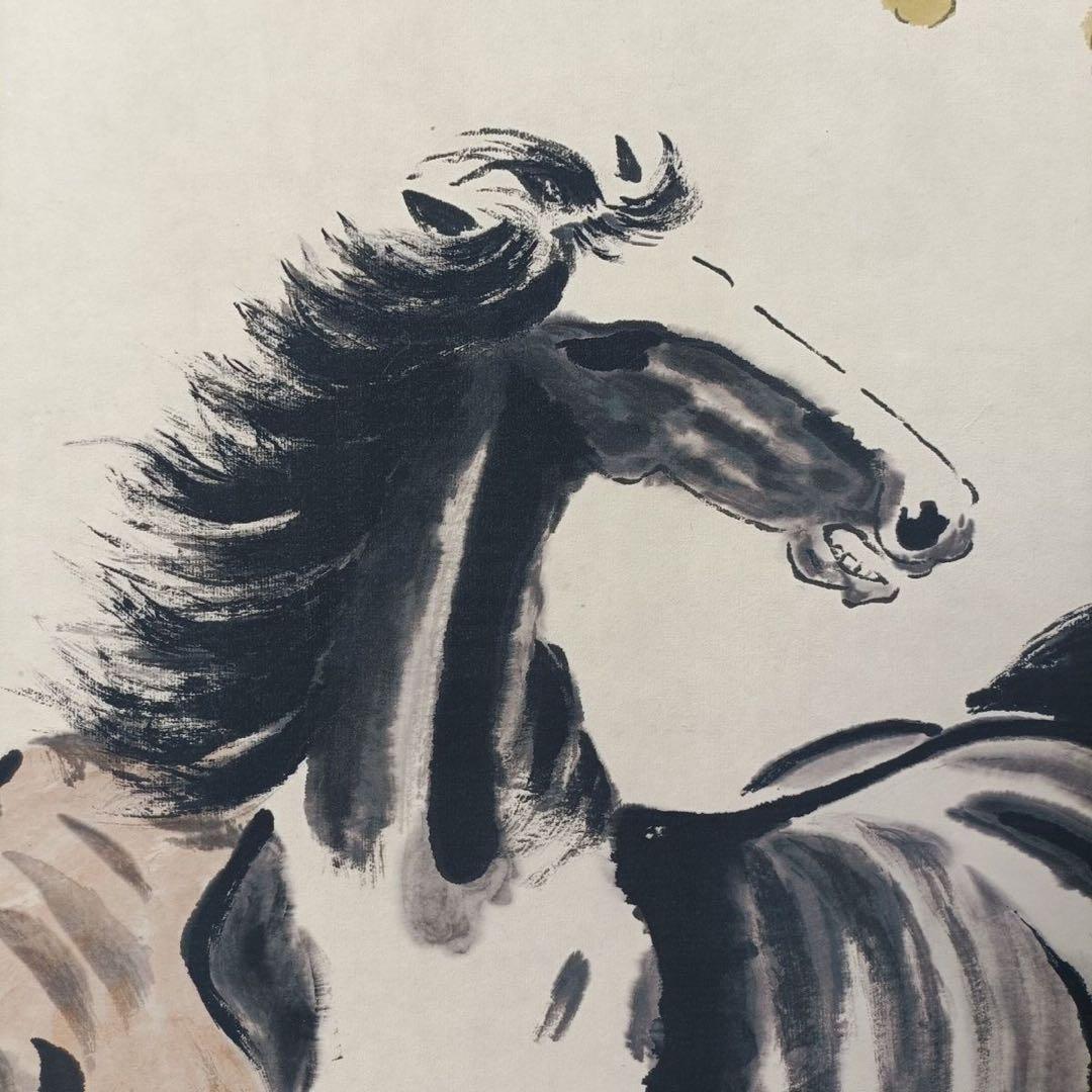 徐悲鴻 双駿図 三尺中堂　掛軸　防偽標識あり　70×173cm