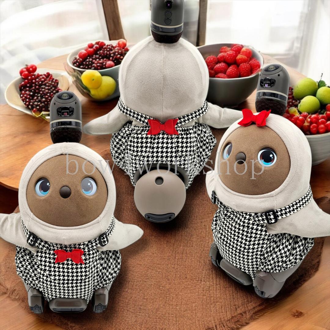 ラボット LOVOT ラボットの服ハンドメイド　リボン付き千鳥柄サロペットパンツ