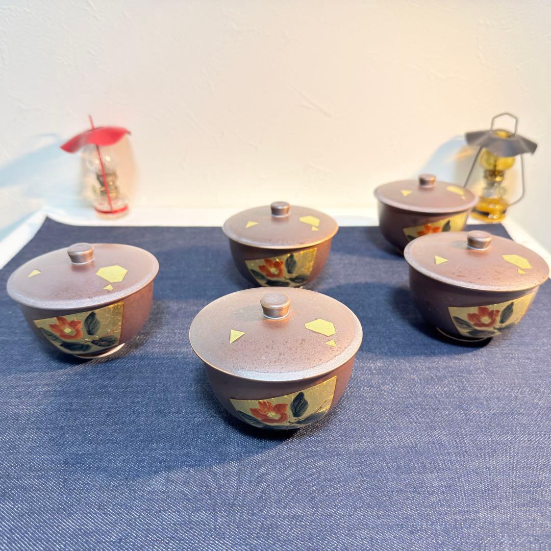 九谷焼 吉右衛門 蓋付茶碗 5客セット 新品未使用 金箔 椿文 伝統工芸 煮物椀