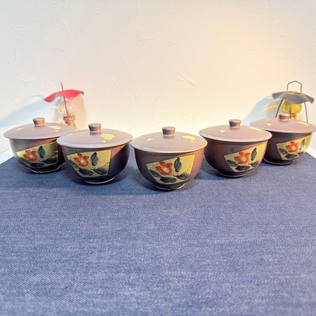 九谷焼 吉右衛門 蓋付茶碗 5客セット 新品未使用 金箔 椿文 伝統工芸 煮物椀
